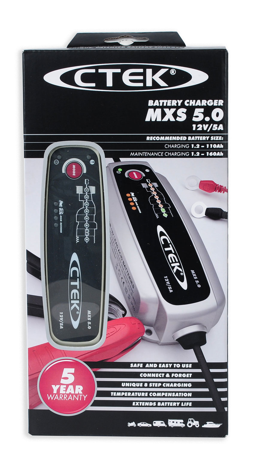 Ctek MXS 5.0 Batterieladegerät 12 V 0.8A/5A, Laden bis 110 Ah,Erhalten bis 160Ah